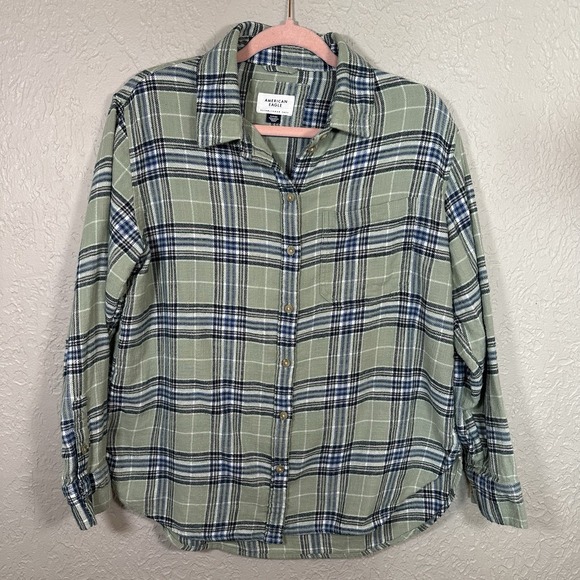 American Eagle Women Button Down Flannel Shirt Small Green Blue White Plaid Soft - Picture 2 of 10